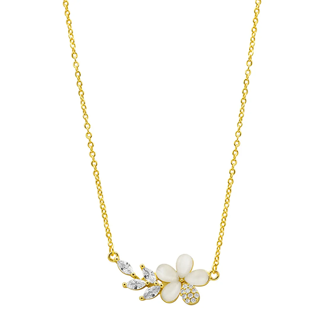 14K Gold Plated Crystal Flower Branch Leaf Necklace Gold