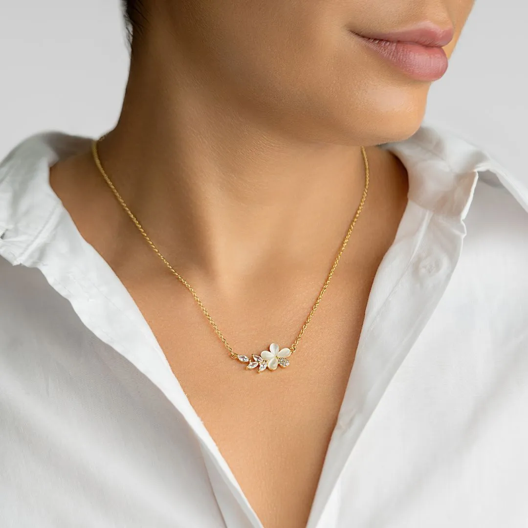 14K Gold Plated Crystal Flower Branch Leaf Necklace Gold