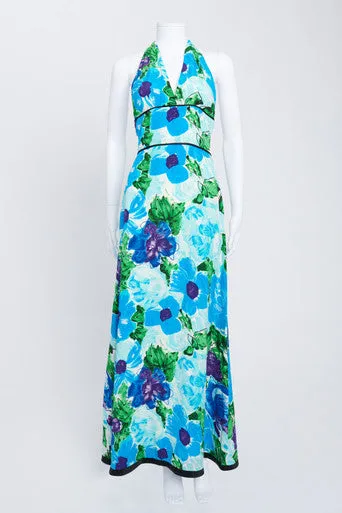 2008 Blue and Green Floral Halter Silk Dress