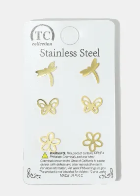 3-Pair Flower & Butterfly Stud Earrings