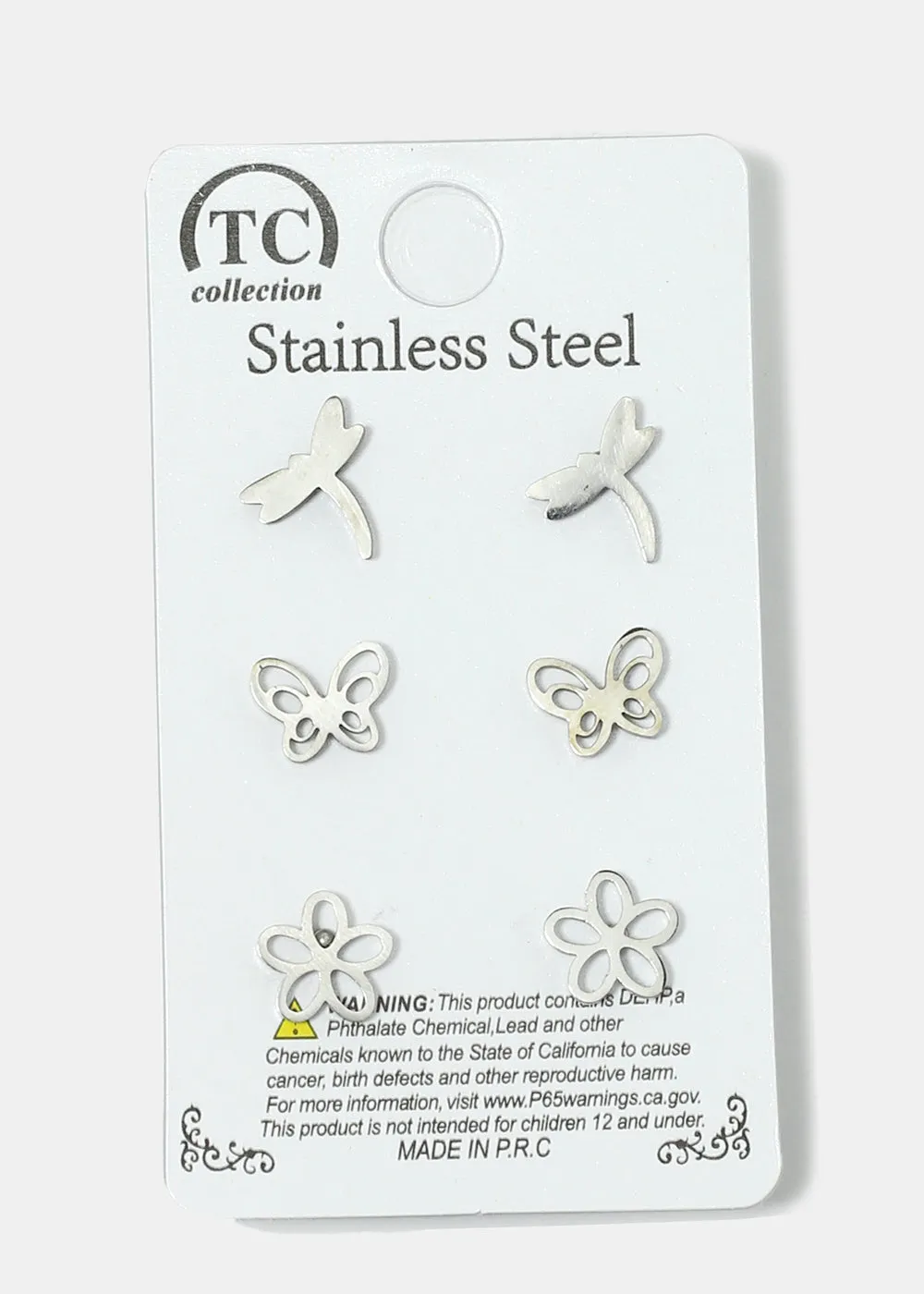 3-Pair Flower & Butterfly Stud Earrings