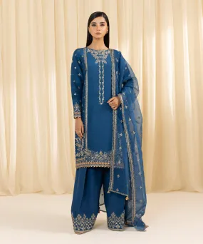 3 Piece -  Embroidered Raw Silk Suit