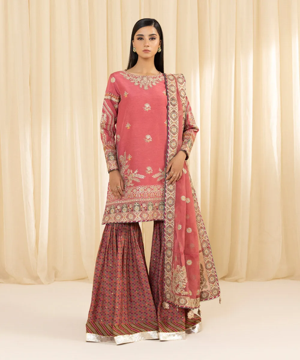 3 Piece -  Embroidered Raw Silk Suit