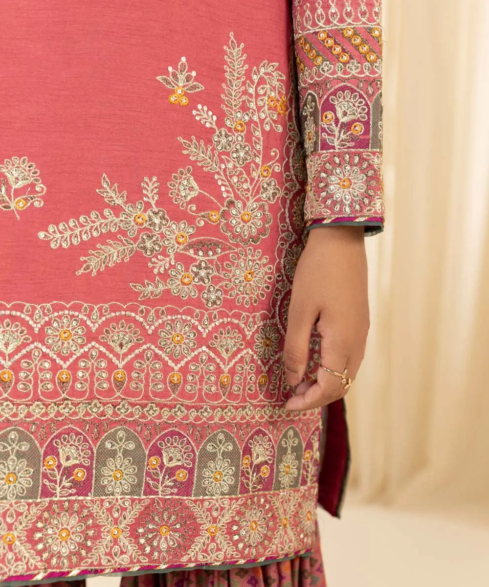 3 Piece -  Embroidered Raw Silk Suit