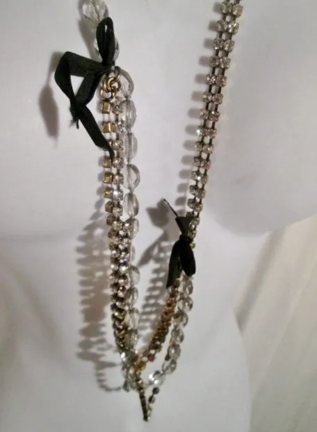 33" J. CREW Triple Strand CHAINLINK RHINESTONE  Necklace CRYSTAL Statement BLACK BOW