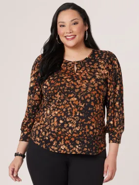 3/4 Blouson Button Sleeve Scoop Neck Floral Printed Plus Size Knit Top