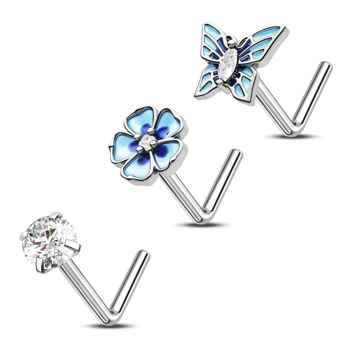 3PCS Blue Flower/Butterfly/Clear CZ Nose Studs