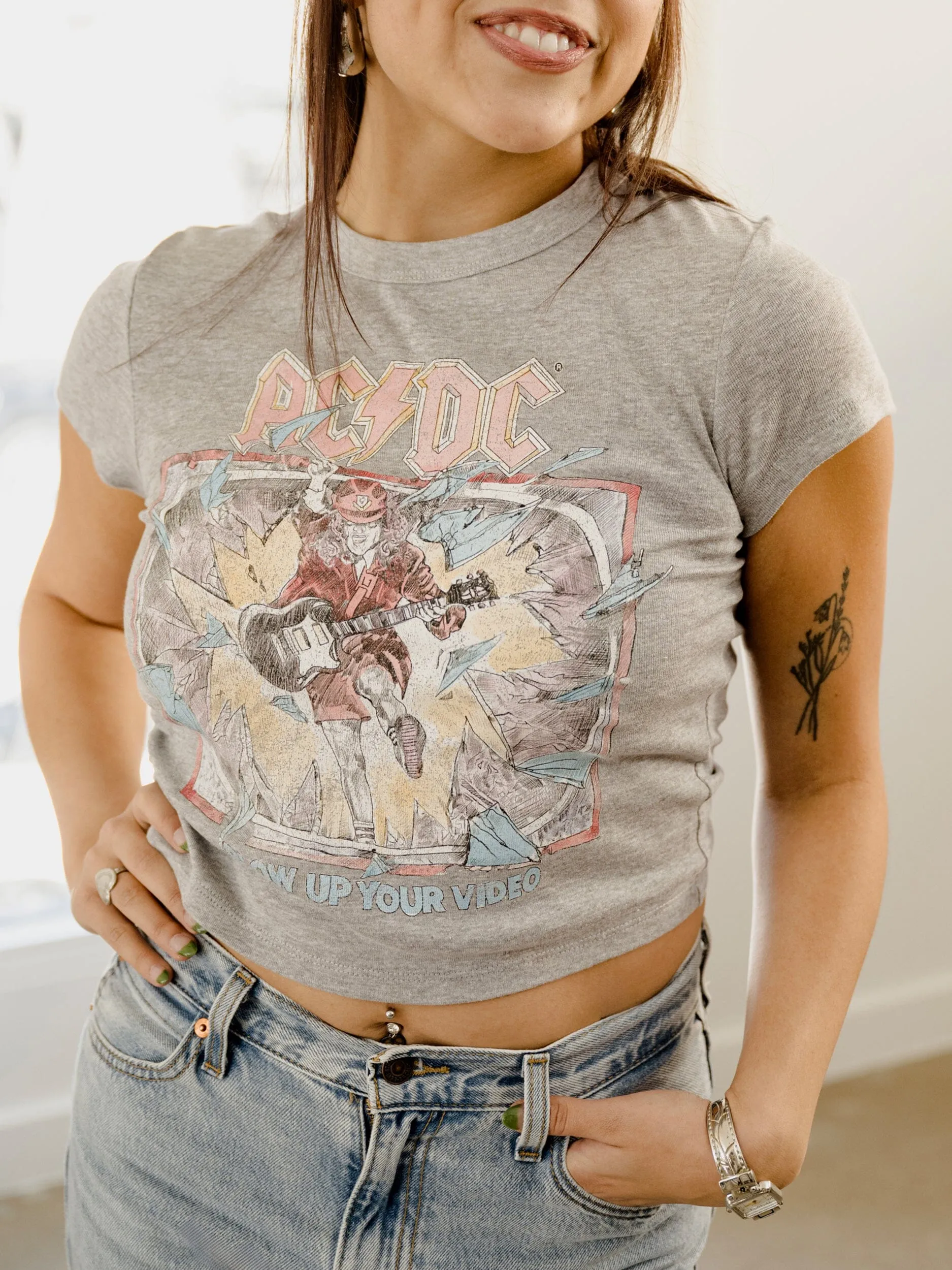 ACDC Blow Up Video Gray Micro Cropped Tee