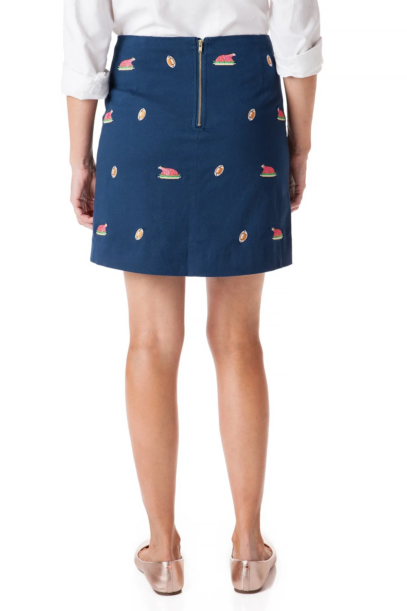 Ali Skirt Stretch Twill Nantucket Navy with Cooked Turkey & Football 19"