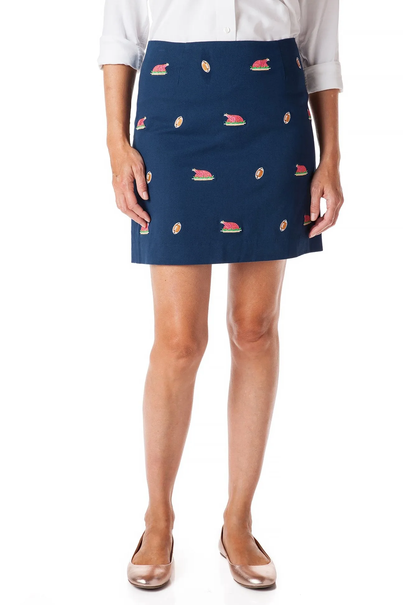 Ali Skirt Stretch Twill Nantucket Navy with Cooked Turkey & Football 19"