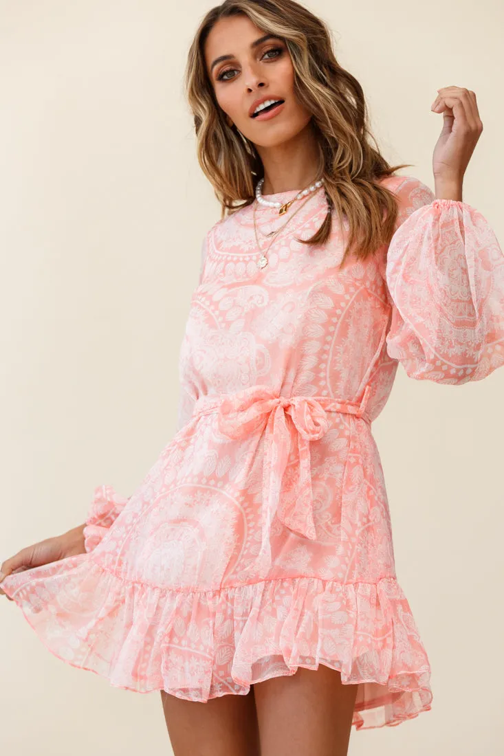 Always & Forever Long Balloon Sleeve Crew Neck Dress Paisley Print Peach