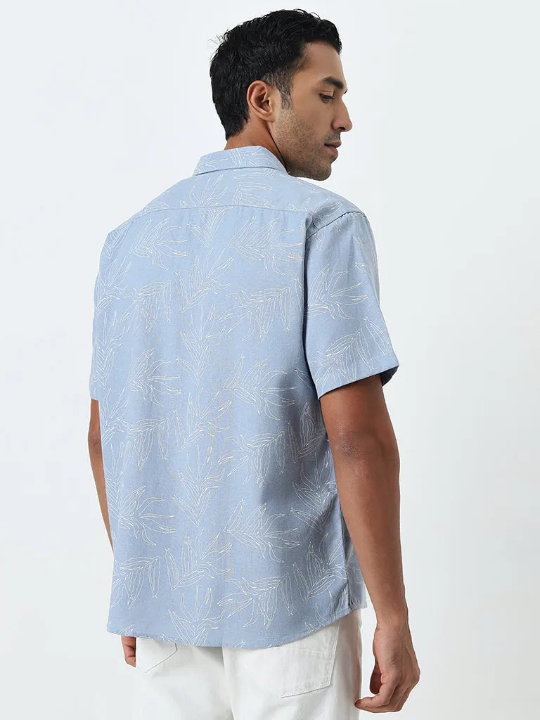 Ascot Dusty Blue Leaf Printed Relaxed-Fit Blended Linen Shirt