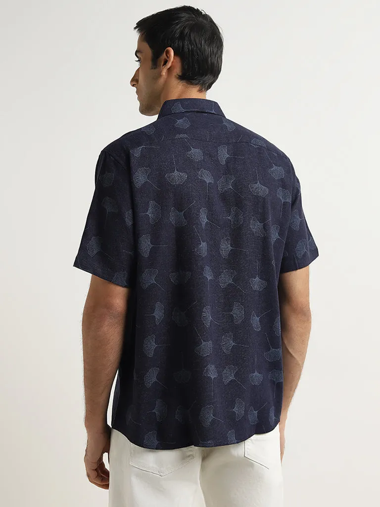 Ascot Navy Foliage Printed Relaxed-Fit Blended Linen Shirt