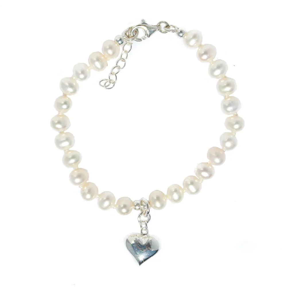 Ava Girls Pearl Bracelet With Silver Heart