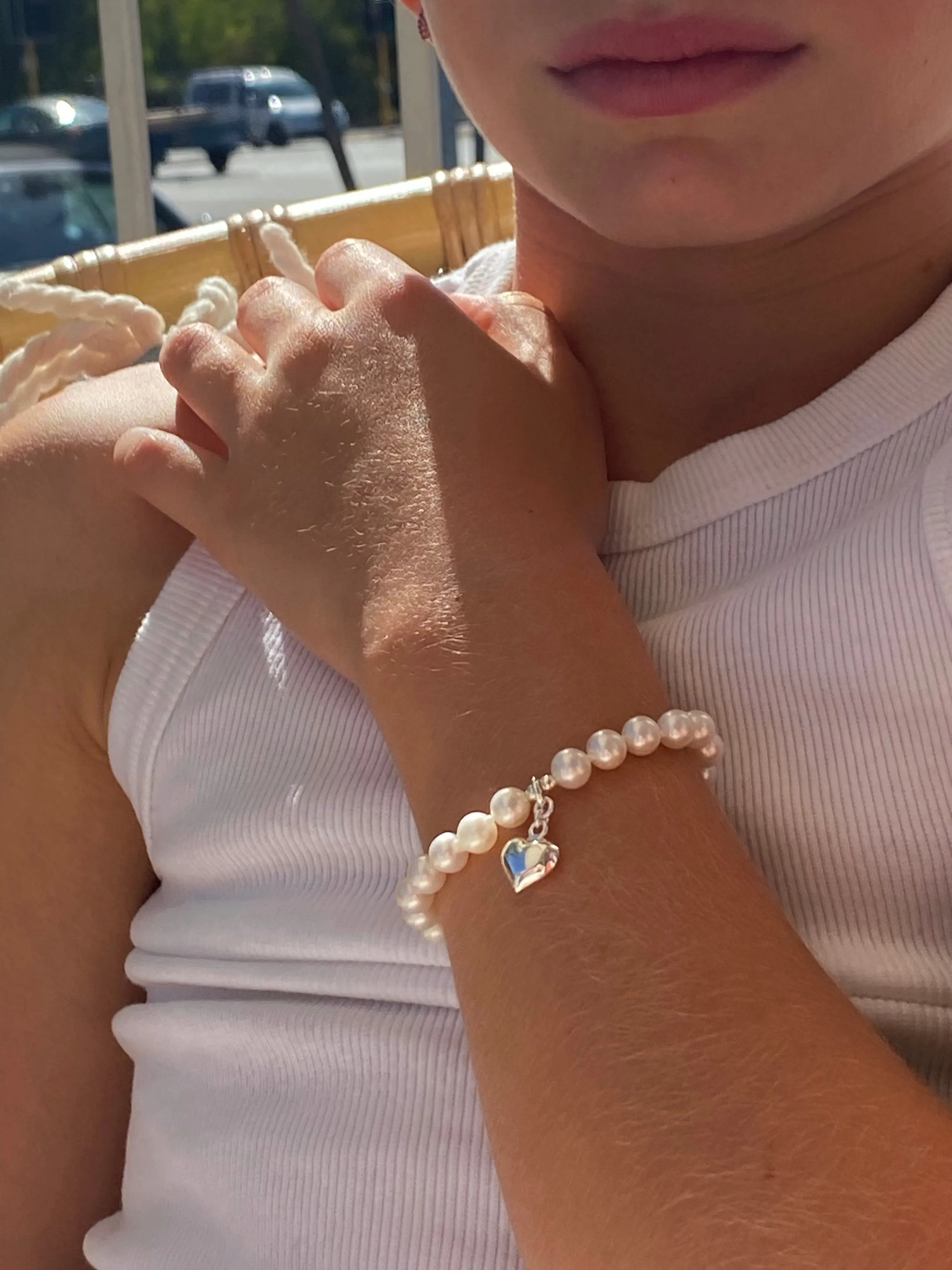 Ava Girls Pearl Bracelet With Silver Heart