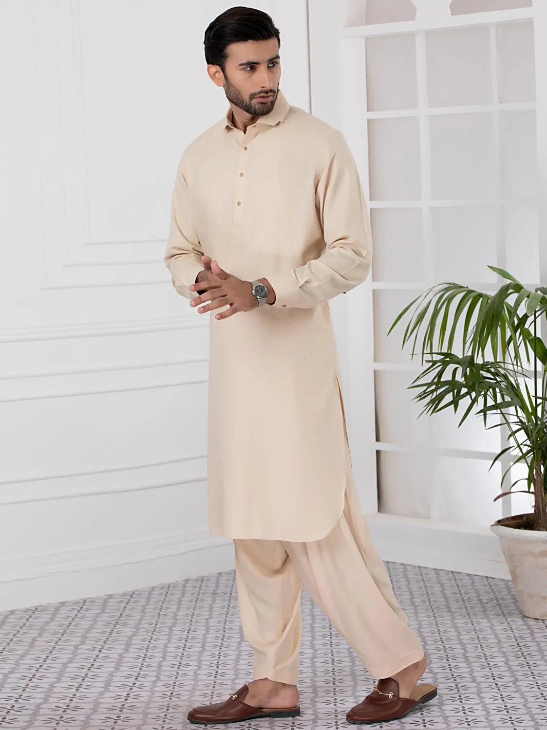 Beige Blended Kameez Shalwar - ALWA-KS-337