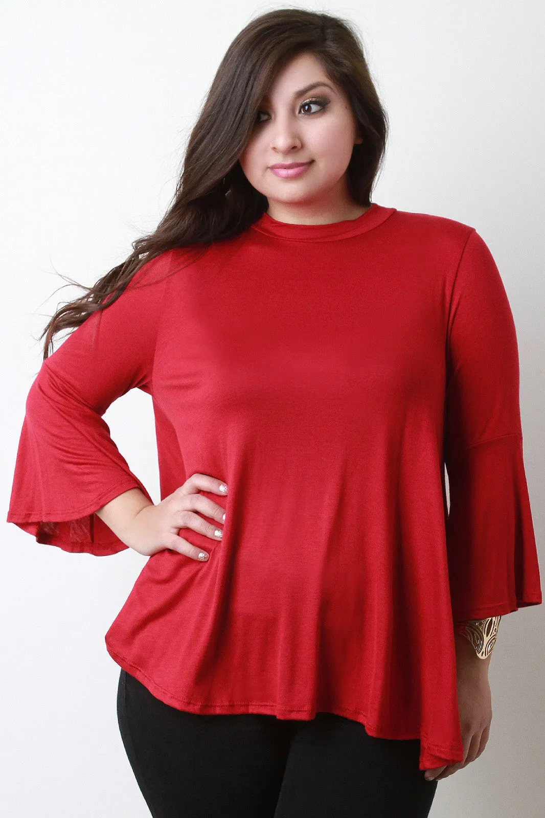 Bell Sleeves Mock Neck Keyhole Top