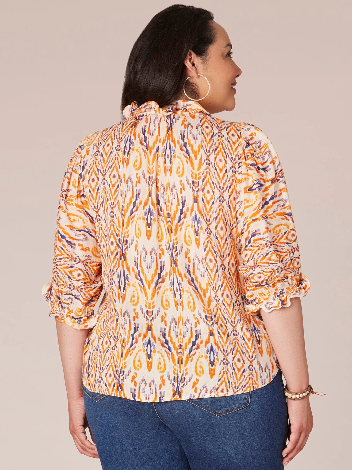 Below Elbow Sleeve Curl Edge Ruffle Neck Printed Plus Size Woven Top