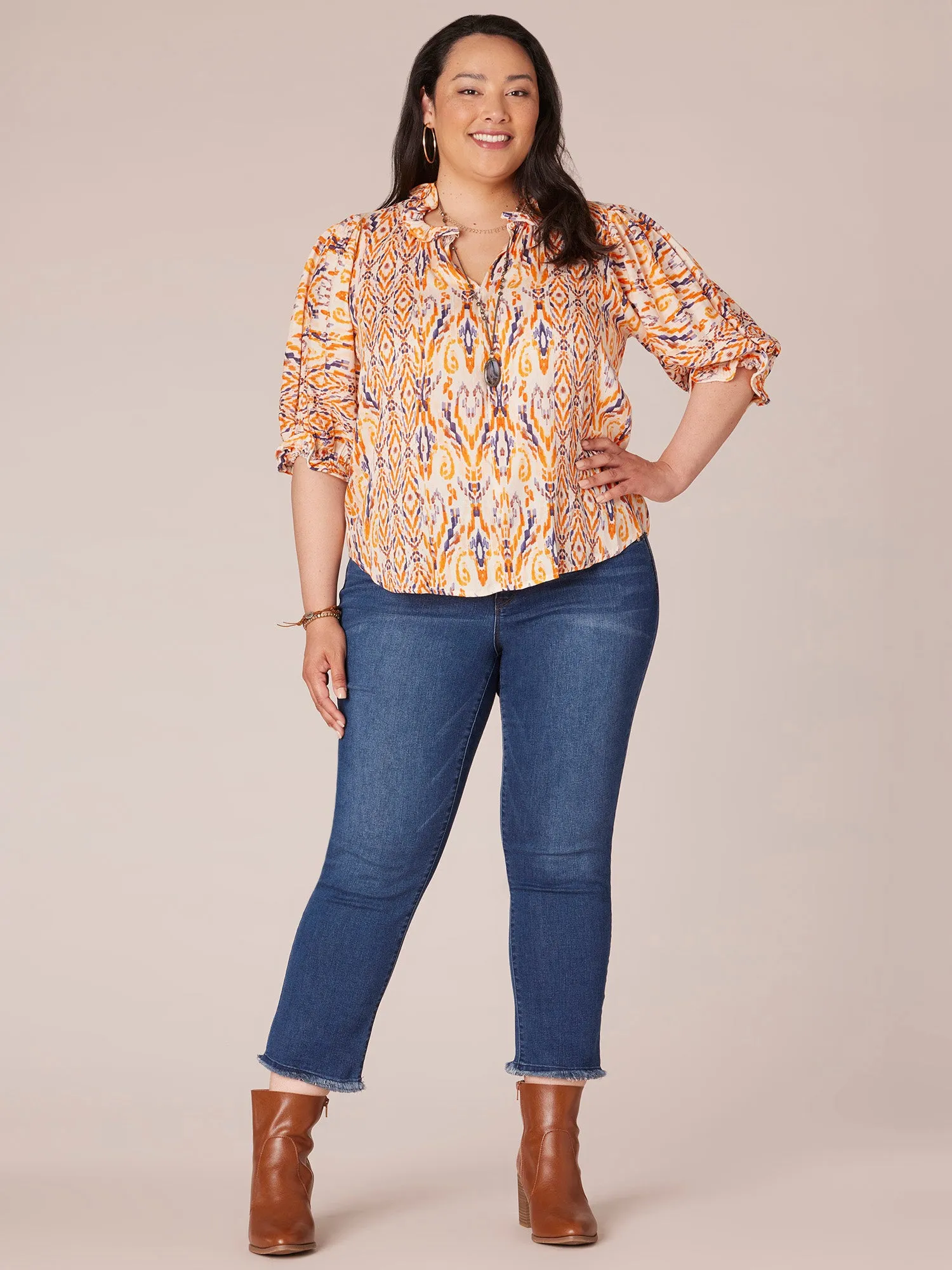 Below Elbow Sleeve Curl Edge Ruffle Neck Printed Plus Size Woven Top