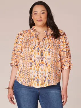 Below Elbow Sleeve Curl Edge Ruffle Neck Printed Plus Size Woven Top