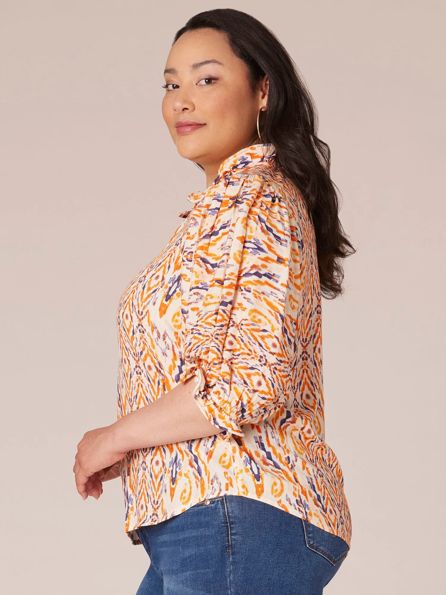 Below Elbow Sleeve Curl Edge Ruffle Neck Printed Plus Size Woven Top