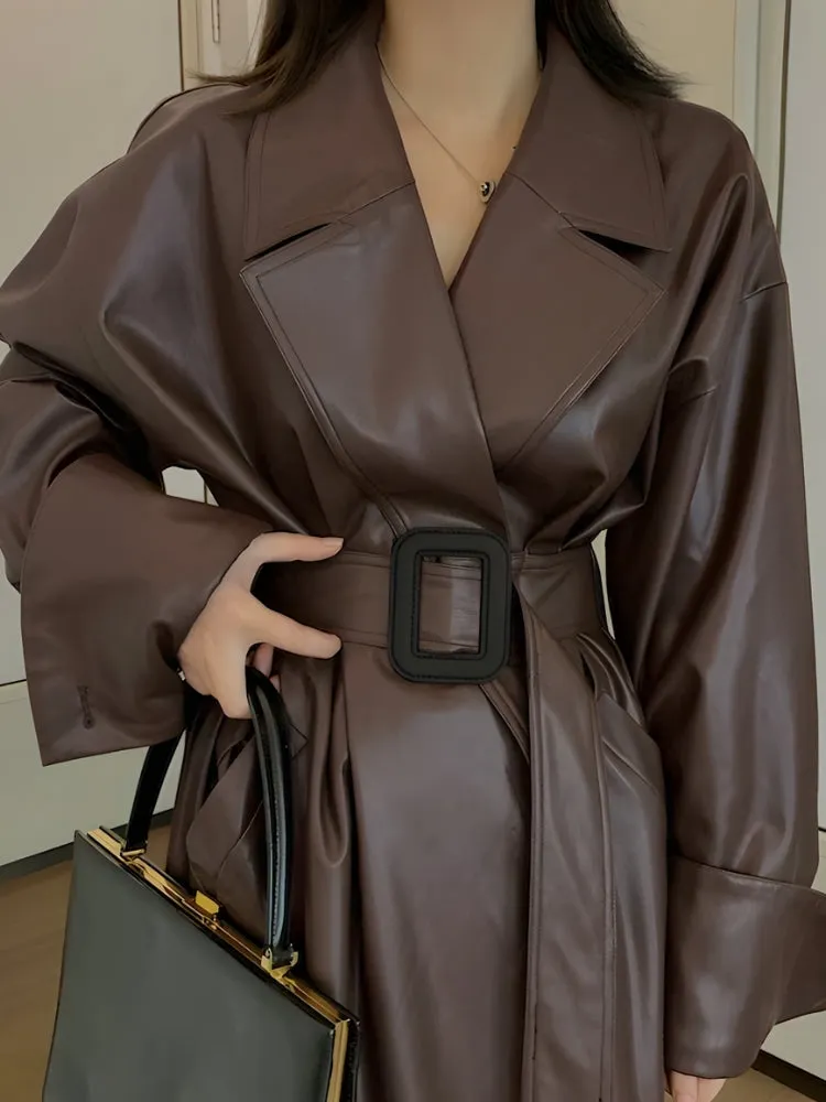 Belted Faux Leather Coat