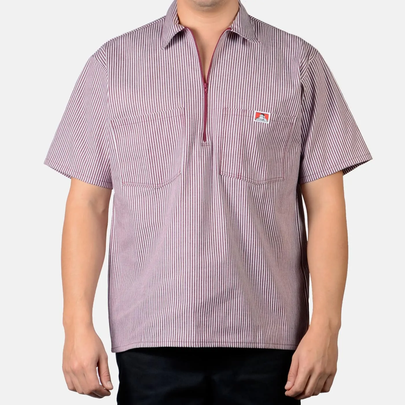 Ben Davis Men's Half-Zip Striped Short Sleeve Work Shirt_Burgundy