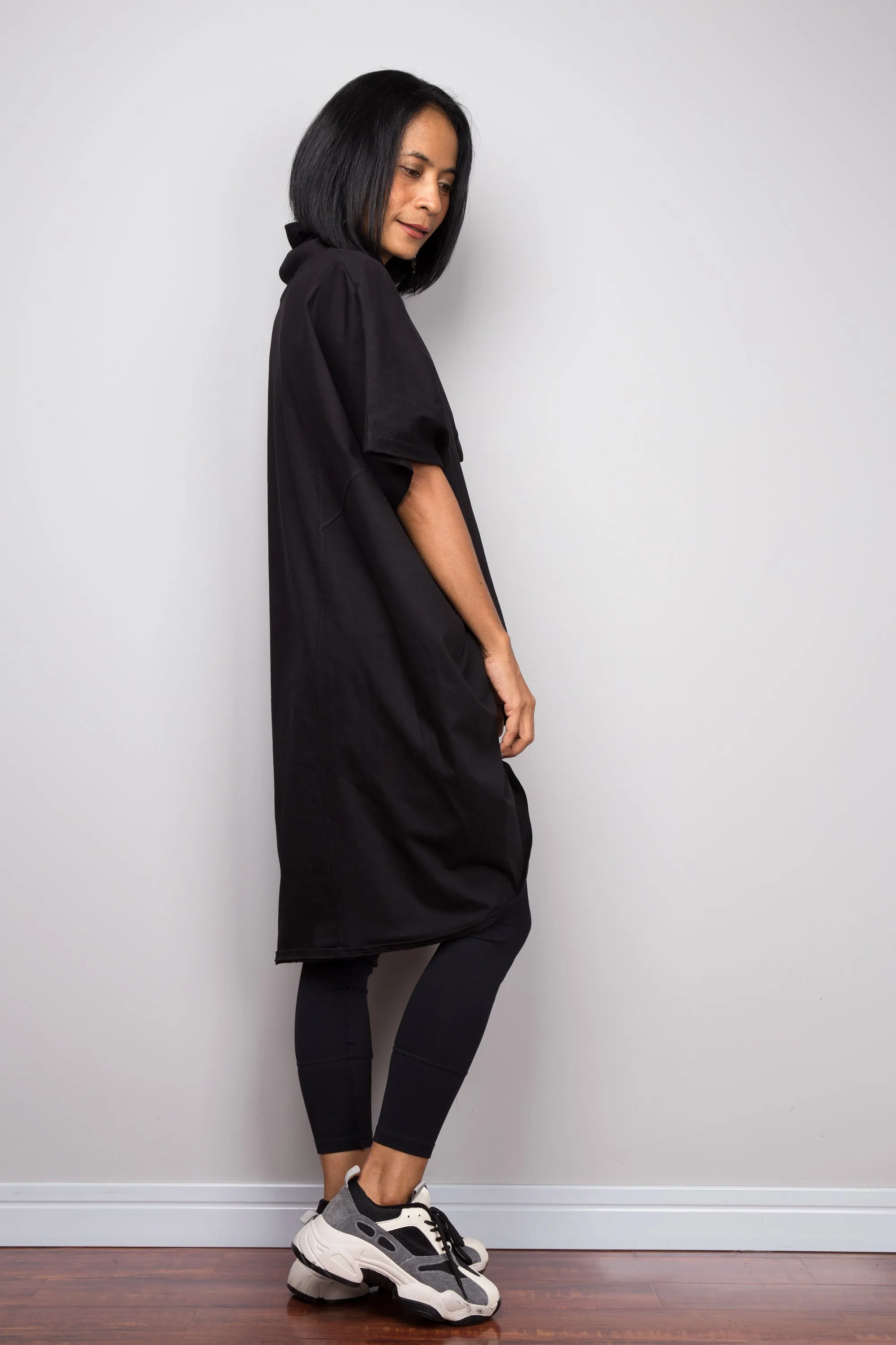 Black pullover tunic dress with cowl neck