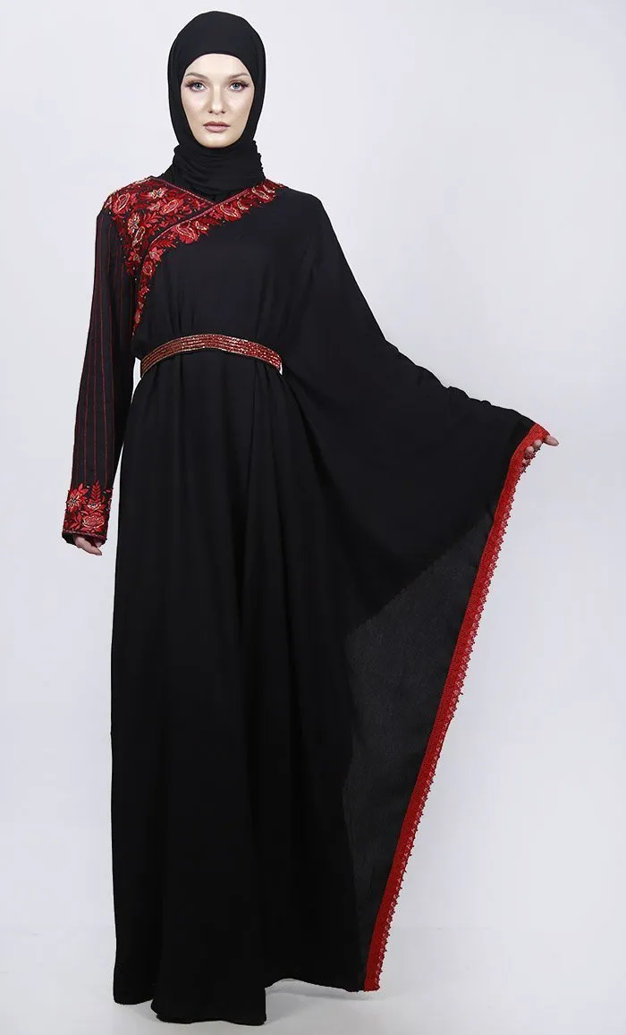 Black Semi Kaftan Embroidered Abaya With Graceful Lace On Border - Final Sale