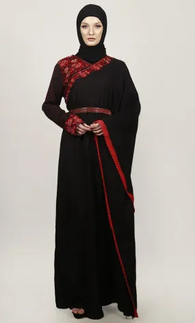 Black Semi Kaftan Embroidered Abaya With Graceful Lace On Border