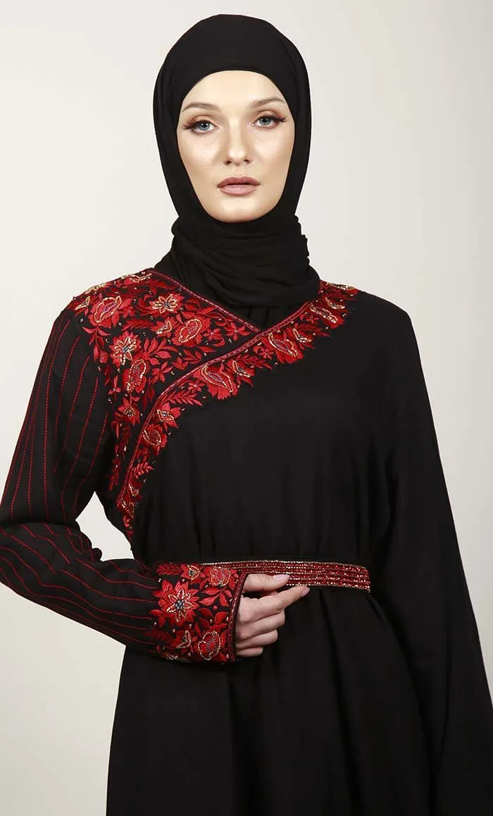 Black Semi Kaftan Embroidered Abaya With Graceful Lace On Border