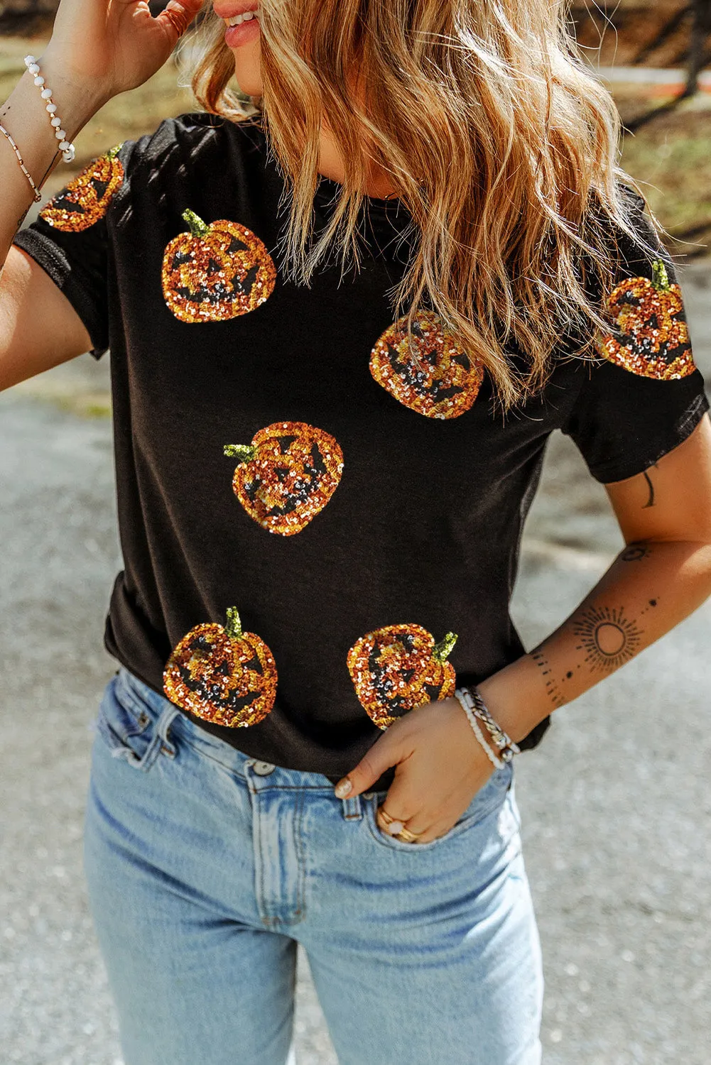 Black Sequin Pumpkin Face Halloween T Shirt