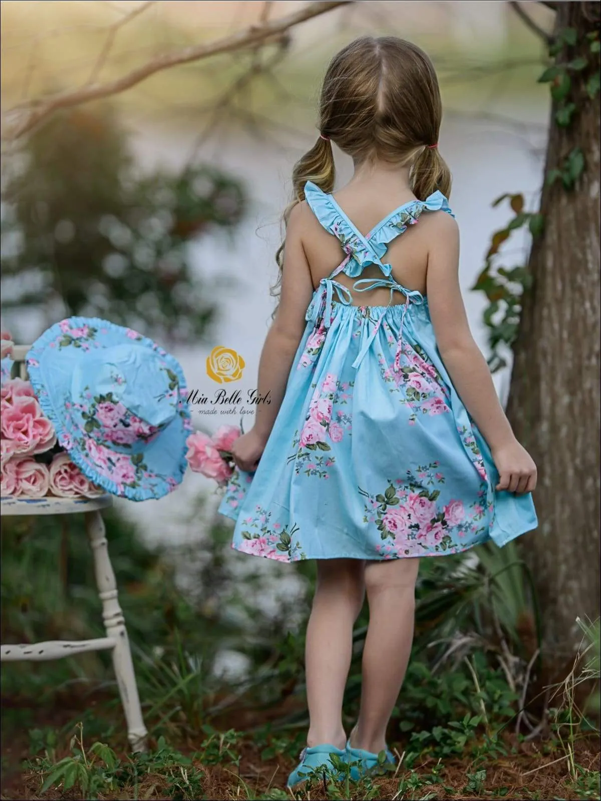 Blossom Blues Cross Back Sleeveless Dress And Hat Set