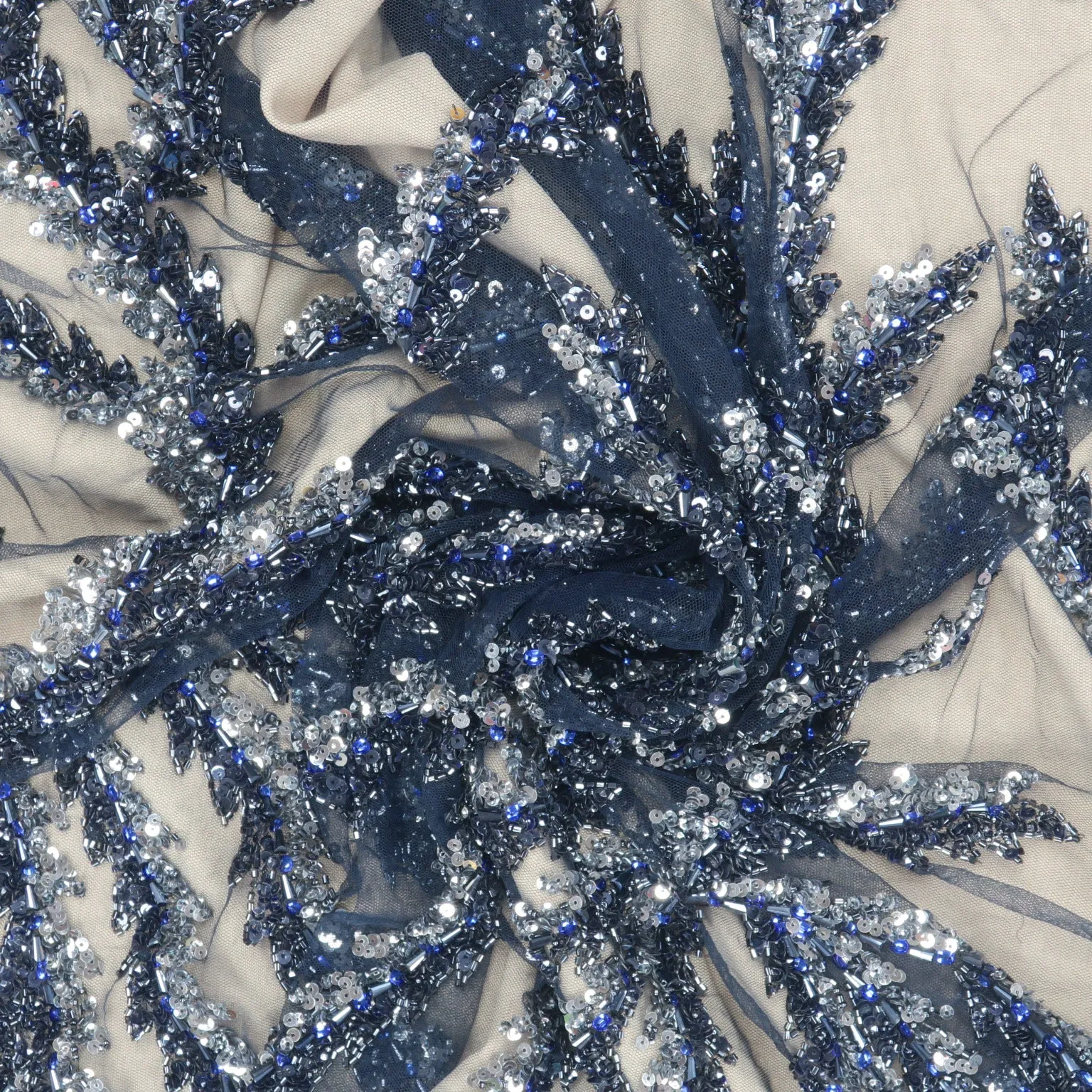 Blue Beaded and Sequined Abstract Embroidered Tulle Fabric