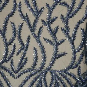 Blue Beaded and Sequined Abstract Embroidered Tulle Fabric