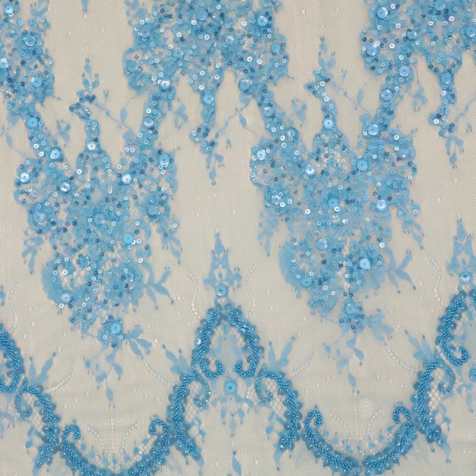 Blue Lace with Blue Sequin Design Embroidered Fabric