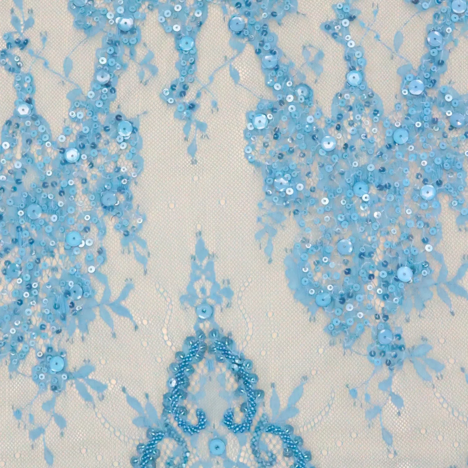 Blue Lace with Blue Sequin Design Embroidered Fabric