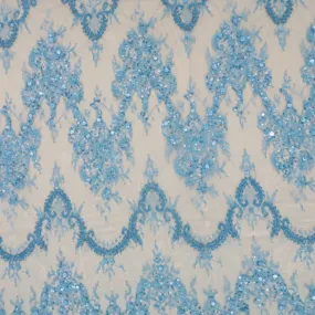 Blue Lace with Blue Sequin Design Embroidered Fabric