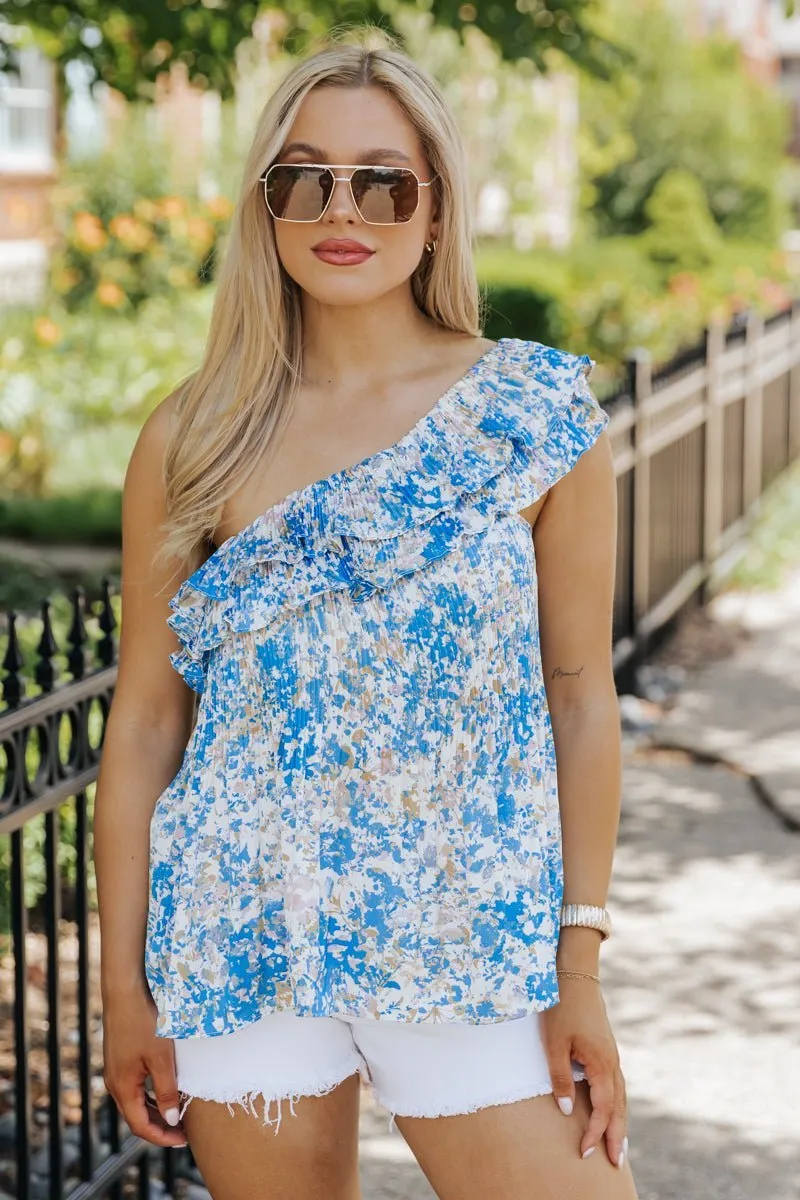 Blue Print One Shoulder Ruffled Top - FINAL SALE