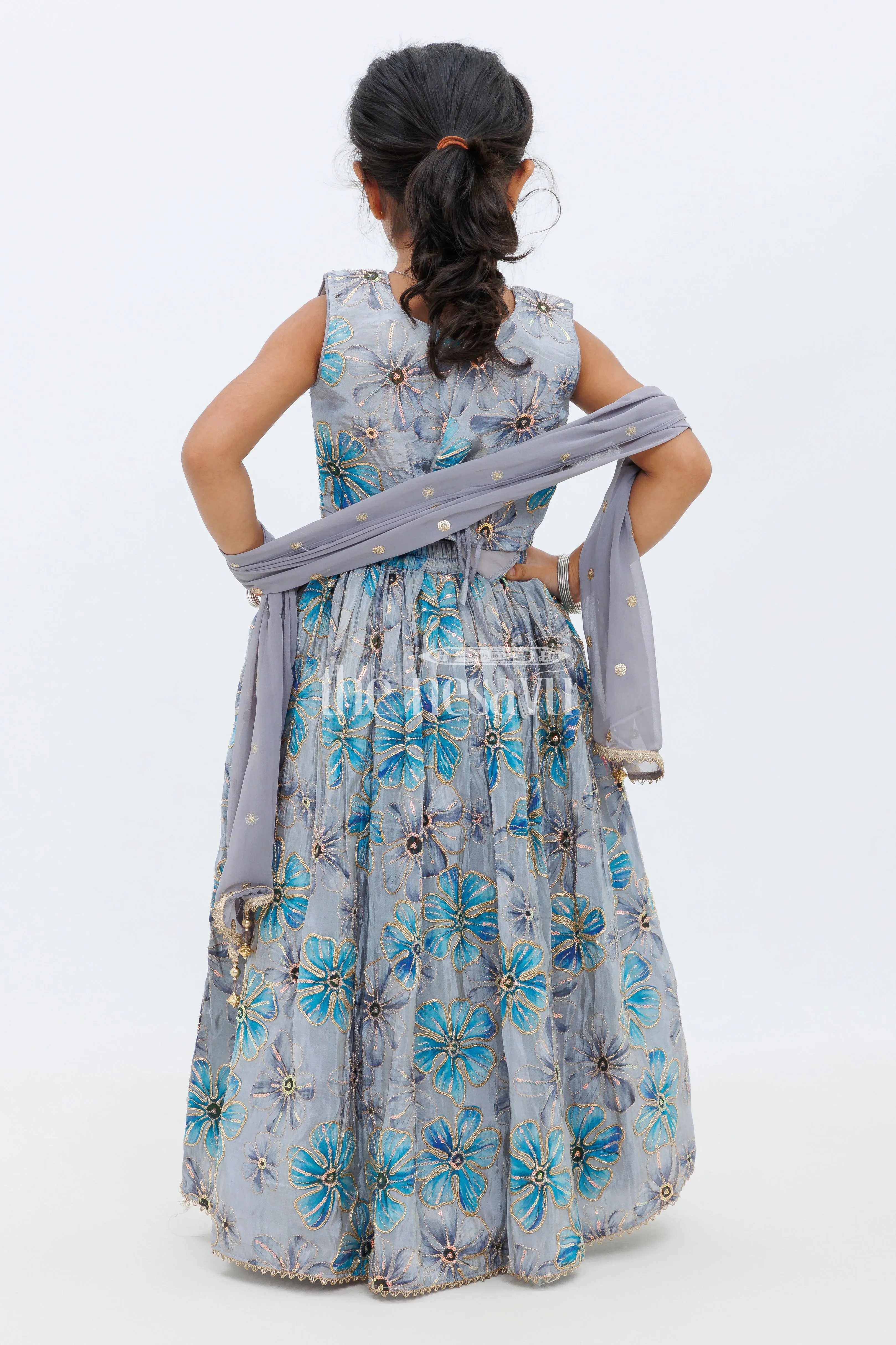 Blue Shimmer Tissue Lehenga Choli with Floral Embroidery