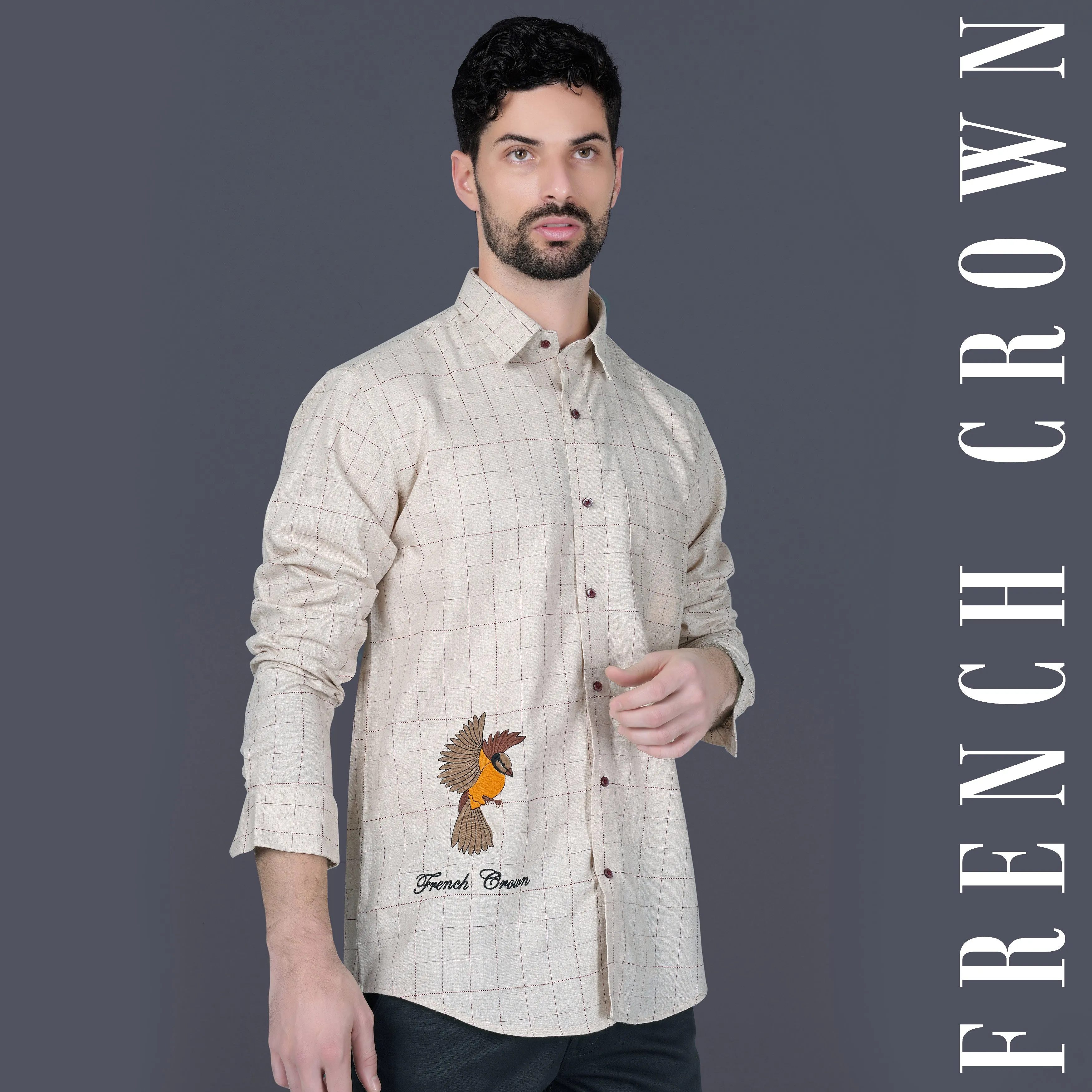 Bonjour Cream Windowpane and Sparrow Embroidered Luxurious Linen Designer Shirt