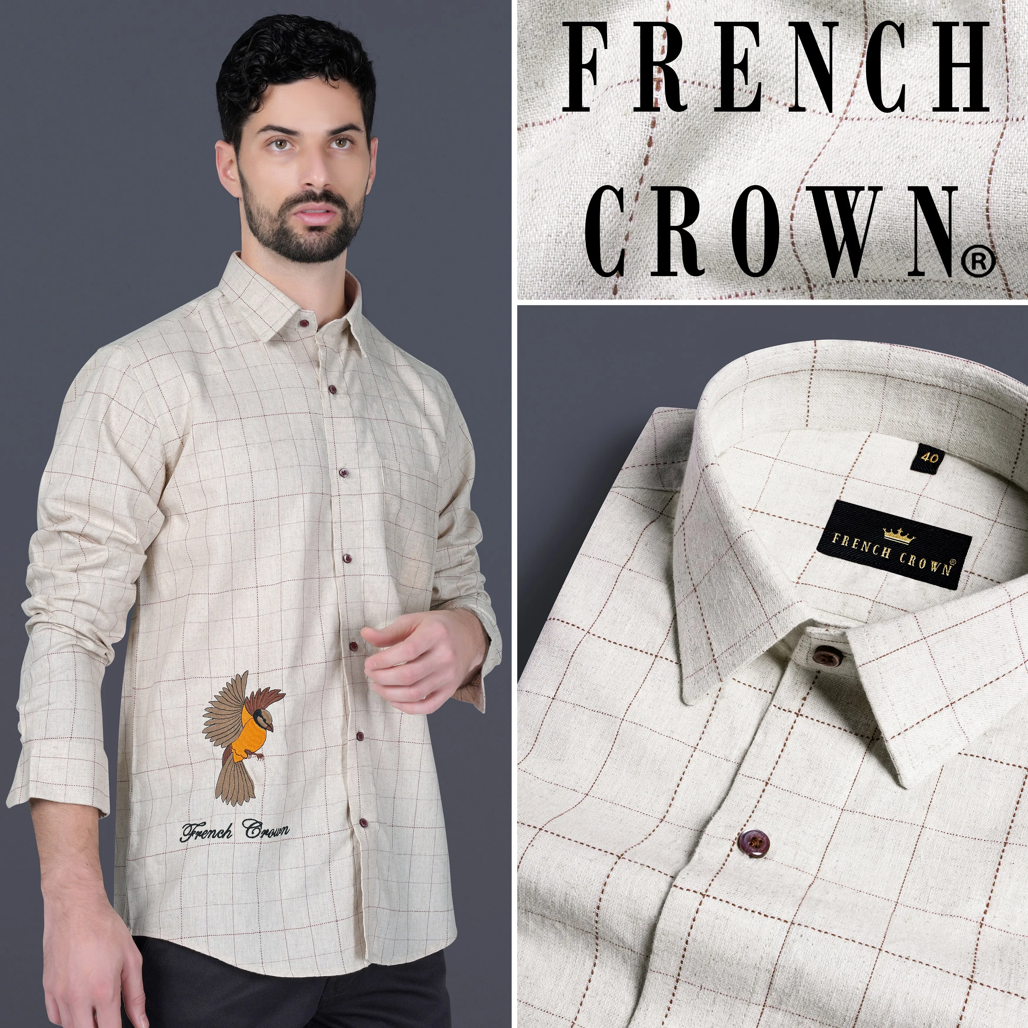 Bonjour Cream Windowpane and Sparrow Embroidered Luxurious Linen Designer Shirt