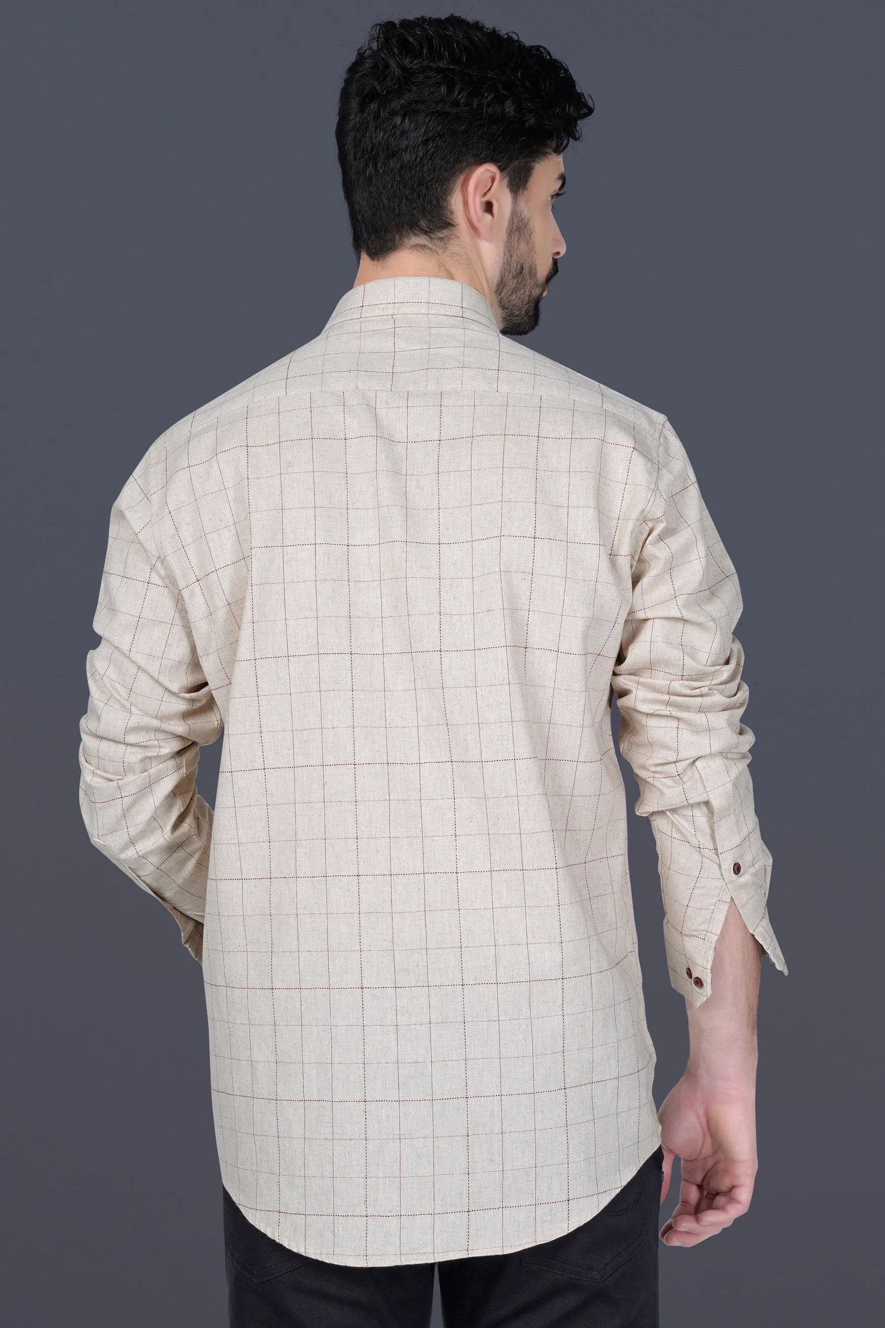 Bonjour Cream Windowpane and Sparrow Embroidered Luxurious Linen Designer Shirt