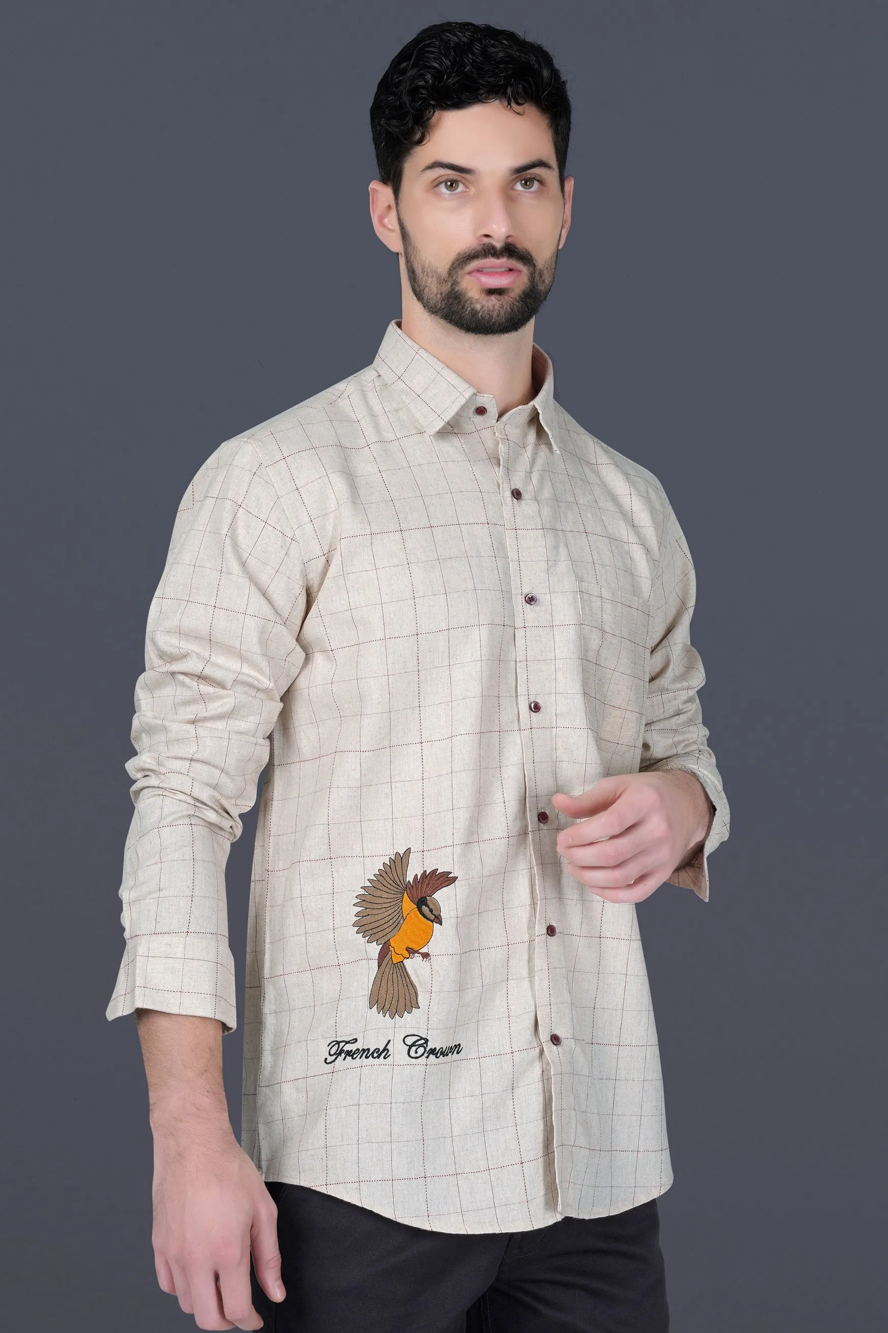 Bonjour Cream Windowpane and Sparrow Embroidered Luxurious Linen Designer Shirt