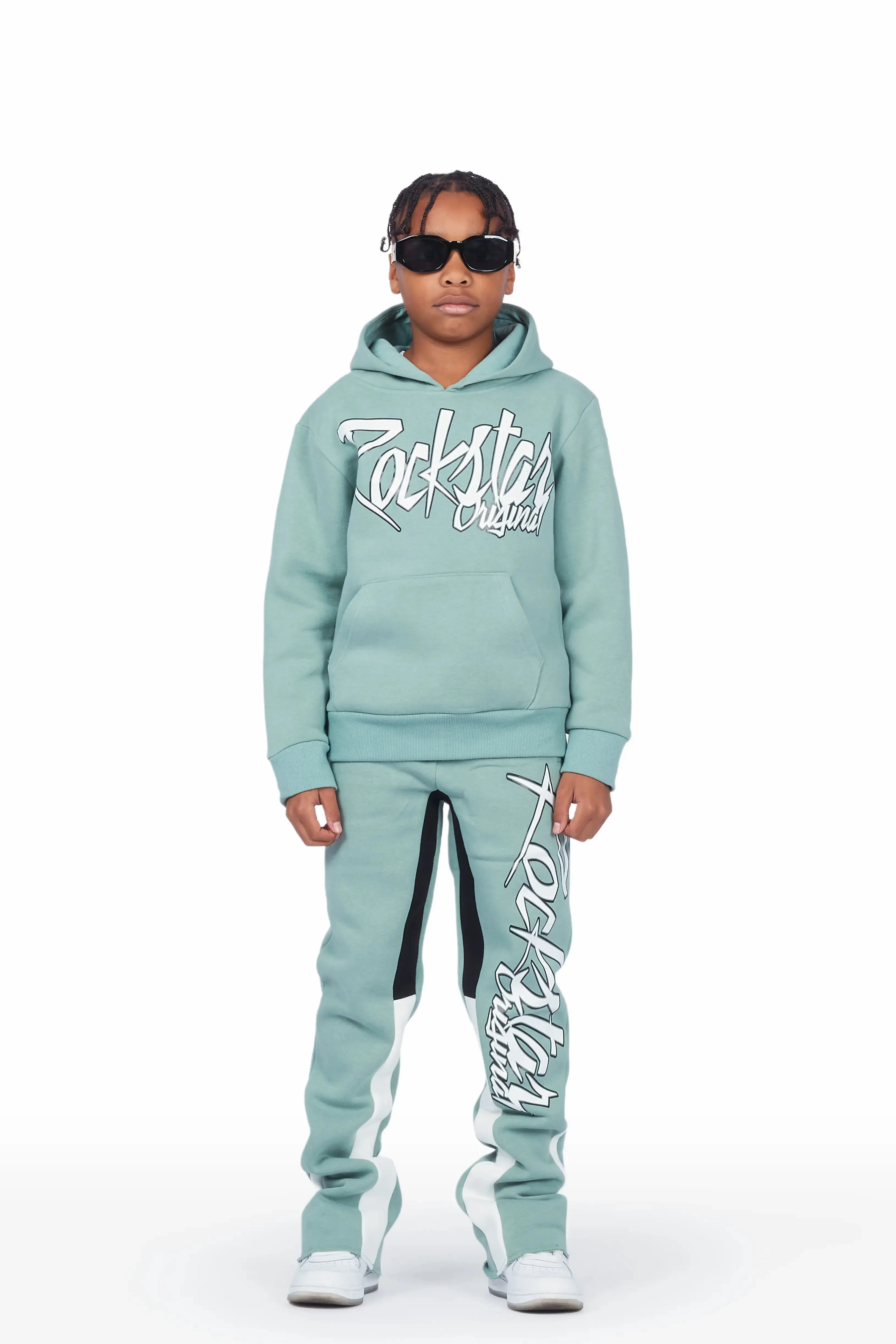 Boys Kalibre Sage/White Hoodie Stacked Flare Track Set