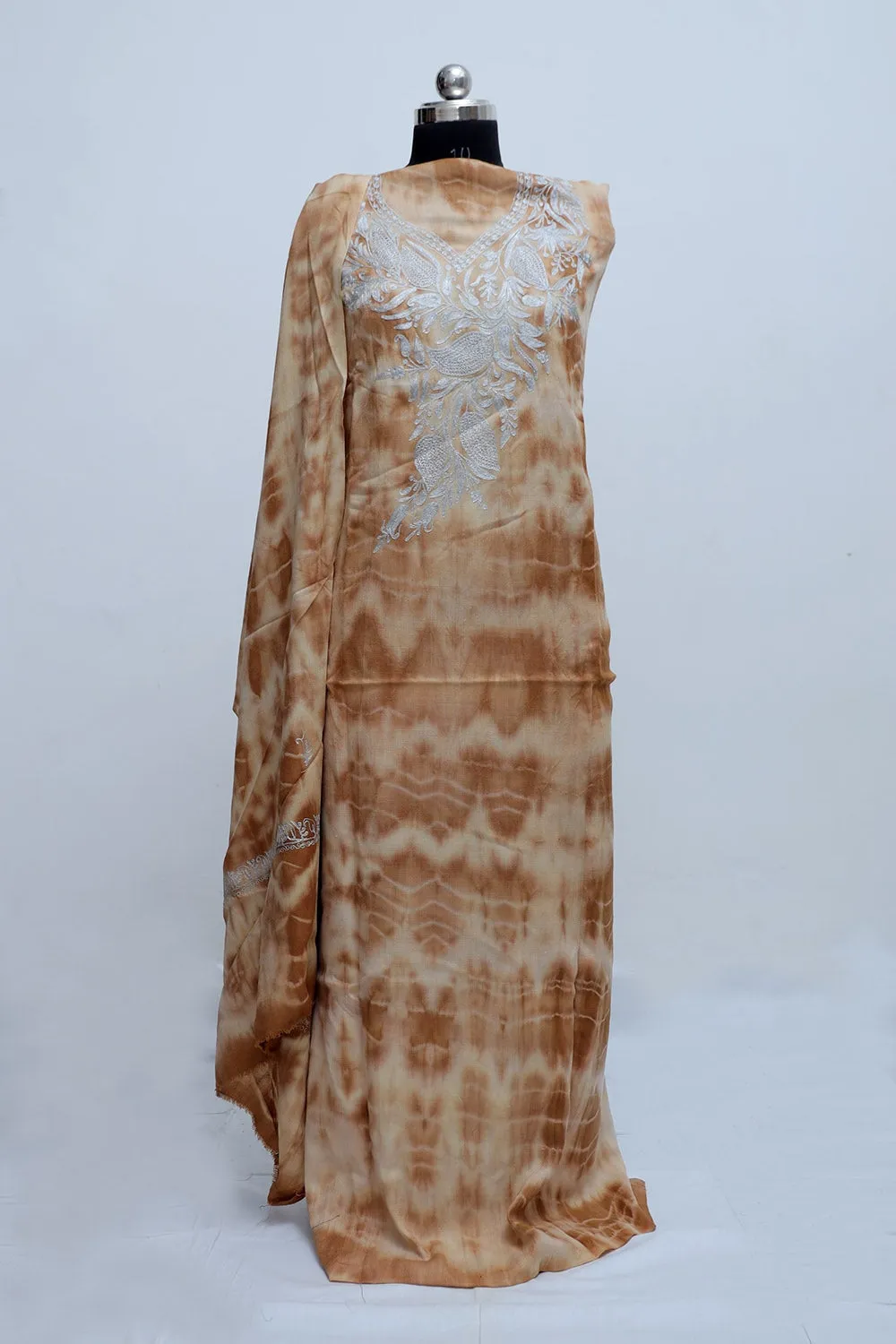 Brown Color Tye And Dye Semi Pashmina Suit Having Tilla Neck Embroidery