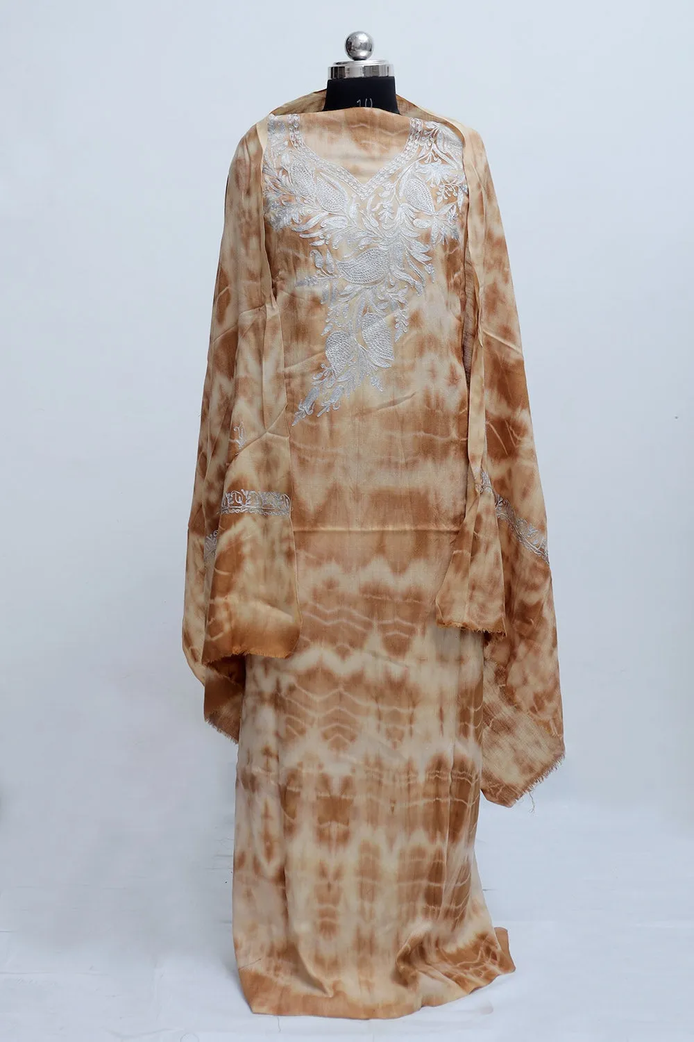 Brown Color Tye And Dye Semi Pashmina Suit Having Tilla Neck Embroidery