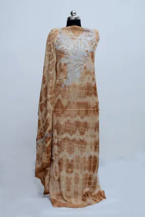 Brown Color Tye And Dye Semi Pashmina Suit Having Tilla Neck Embroidery