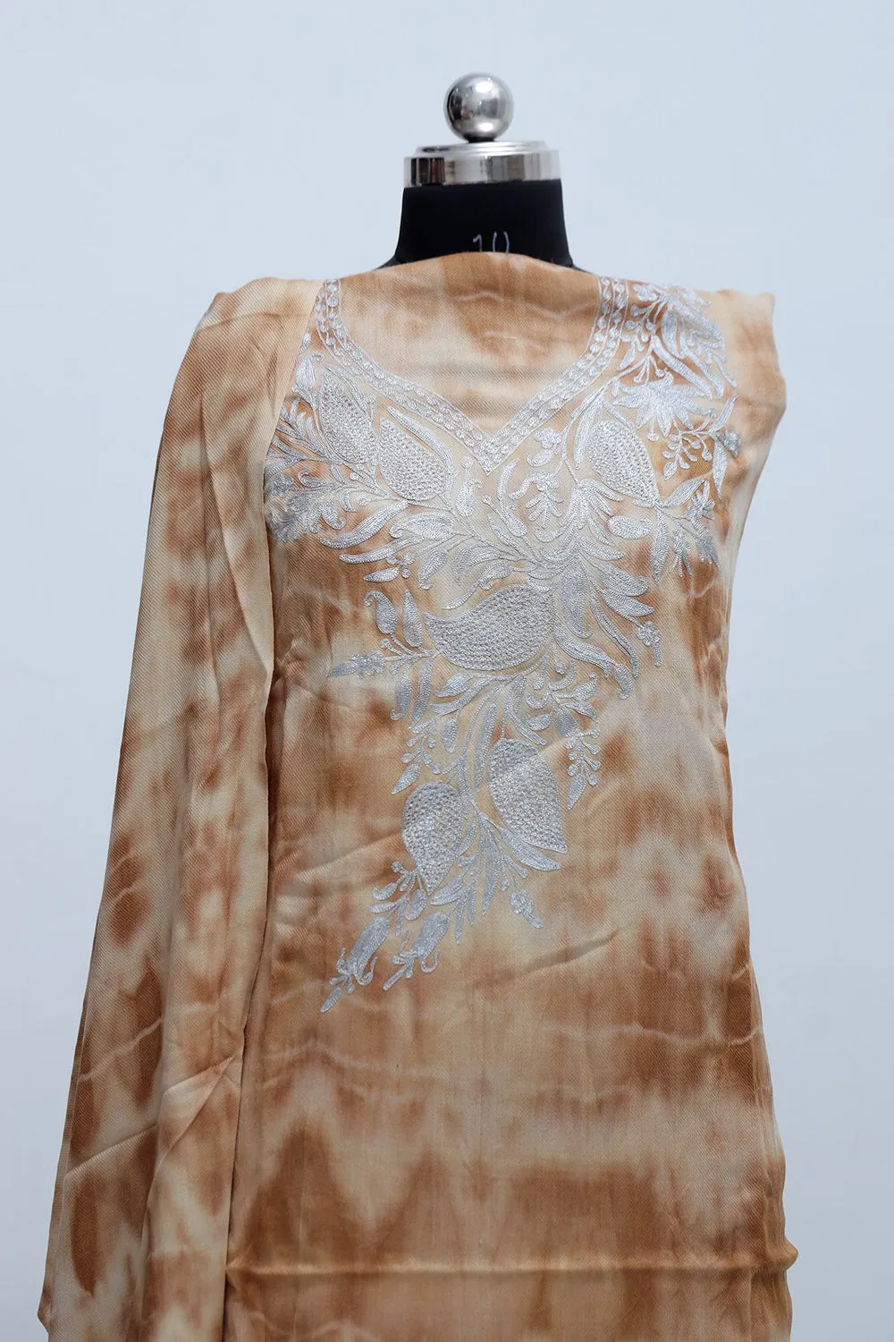 Brown Color Tye And Dye Semi Pashmina Suit Having Tilla Neck Embroidery