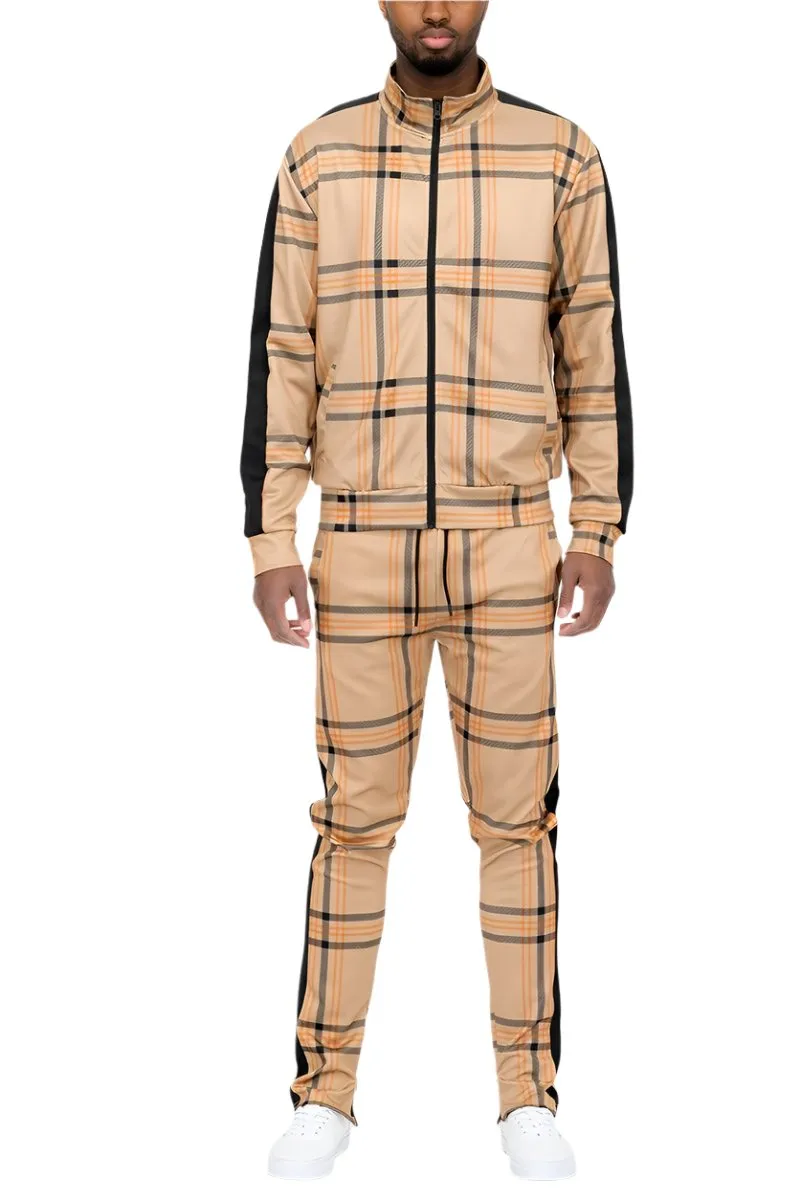 Brown Plaid Track Jacket and Pant Set Mens